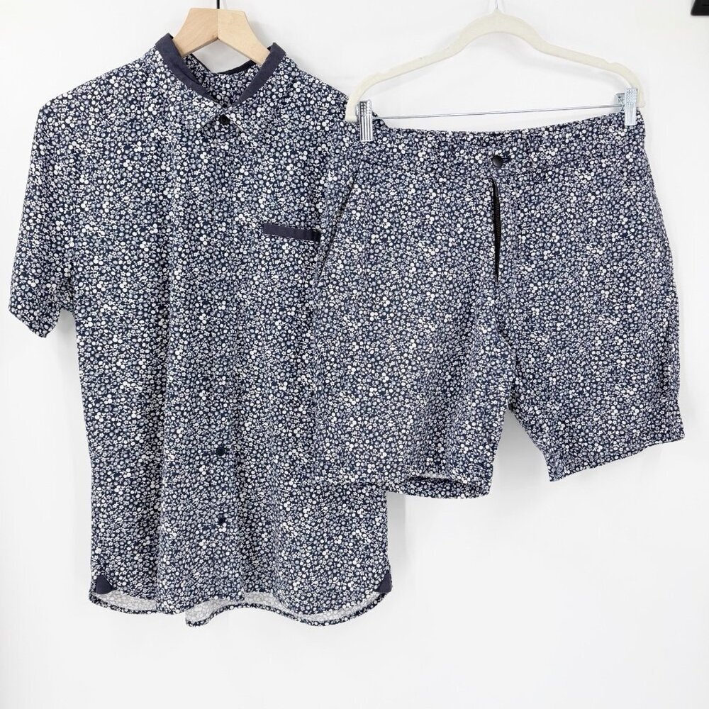Lululemon Men's Navy Blue Floral Set L Short Sleeve Shirt 32 Shorts *flaw